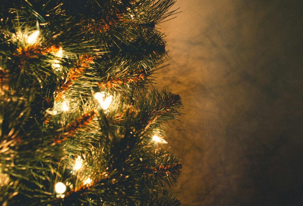 Warm festive close-up of a Christmas tree adorned with glowing lights, perfect for holiday themes.